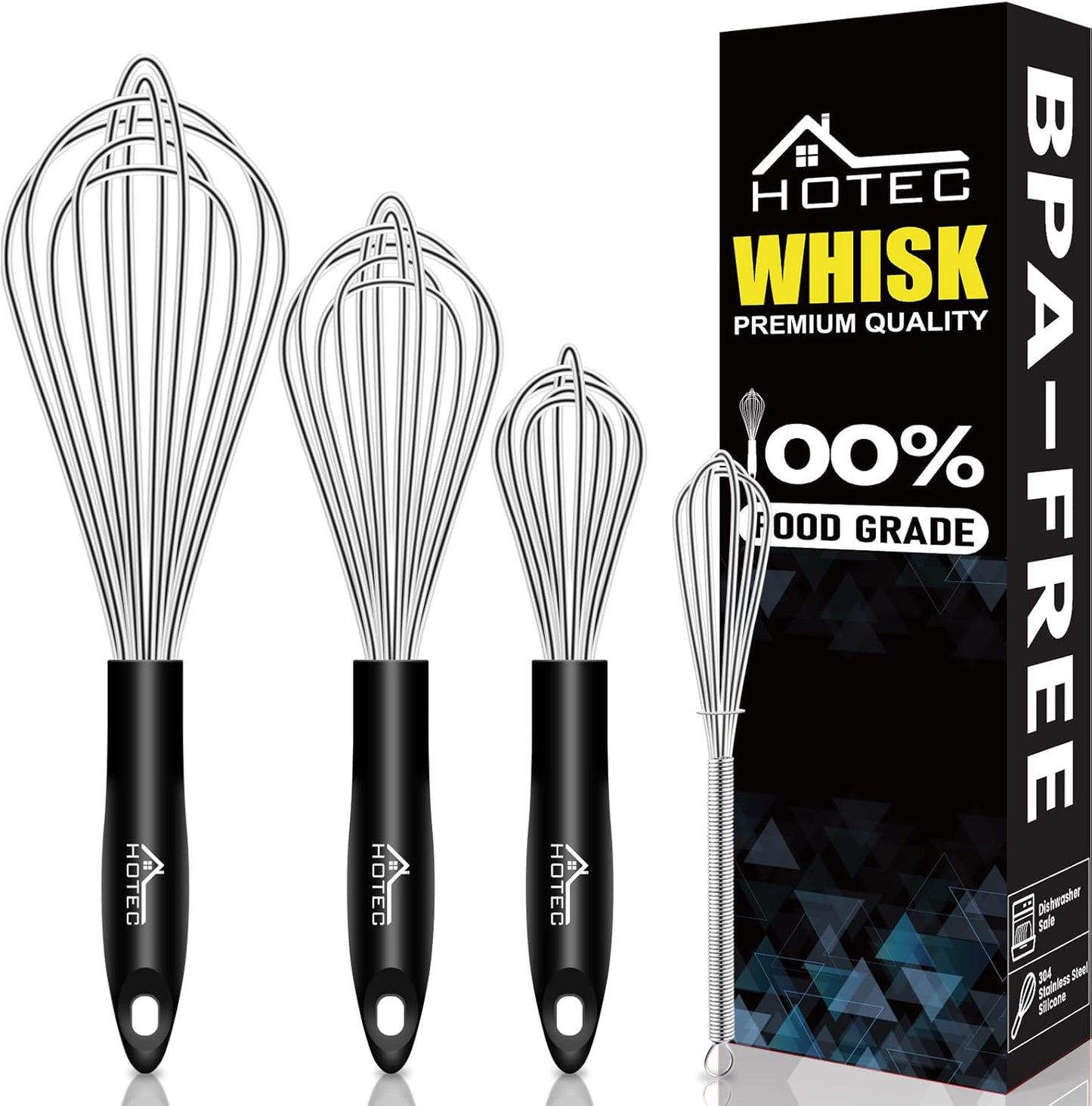 HOTEC 4 Pieces Stainless Steel Whisks Set, Wire Balloon Whisks Egg Beater, Thicken Wire &Non-slip Handle Whisk Perfect for Cooking, Stirring, Beating and Blending (Silver)