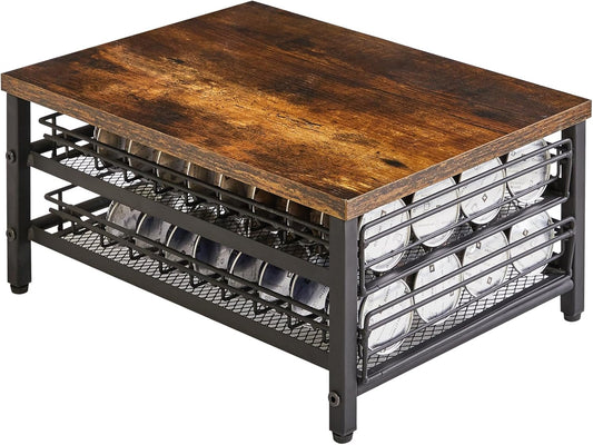 IBUYKE 2-Tie Coffee Pod Drawer Holder,80 Capsule Pods,Compatible for Nespresso Vertuo Pods,Wooden Top and Mesh Shelves,Home Kitchen Counter Coffee Bar Organizer, Rustic Brown,TCJ102H