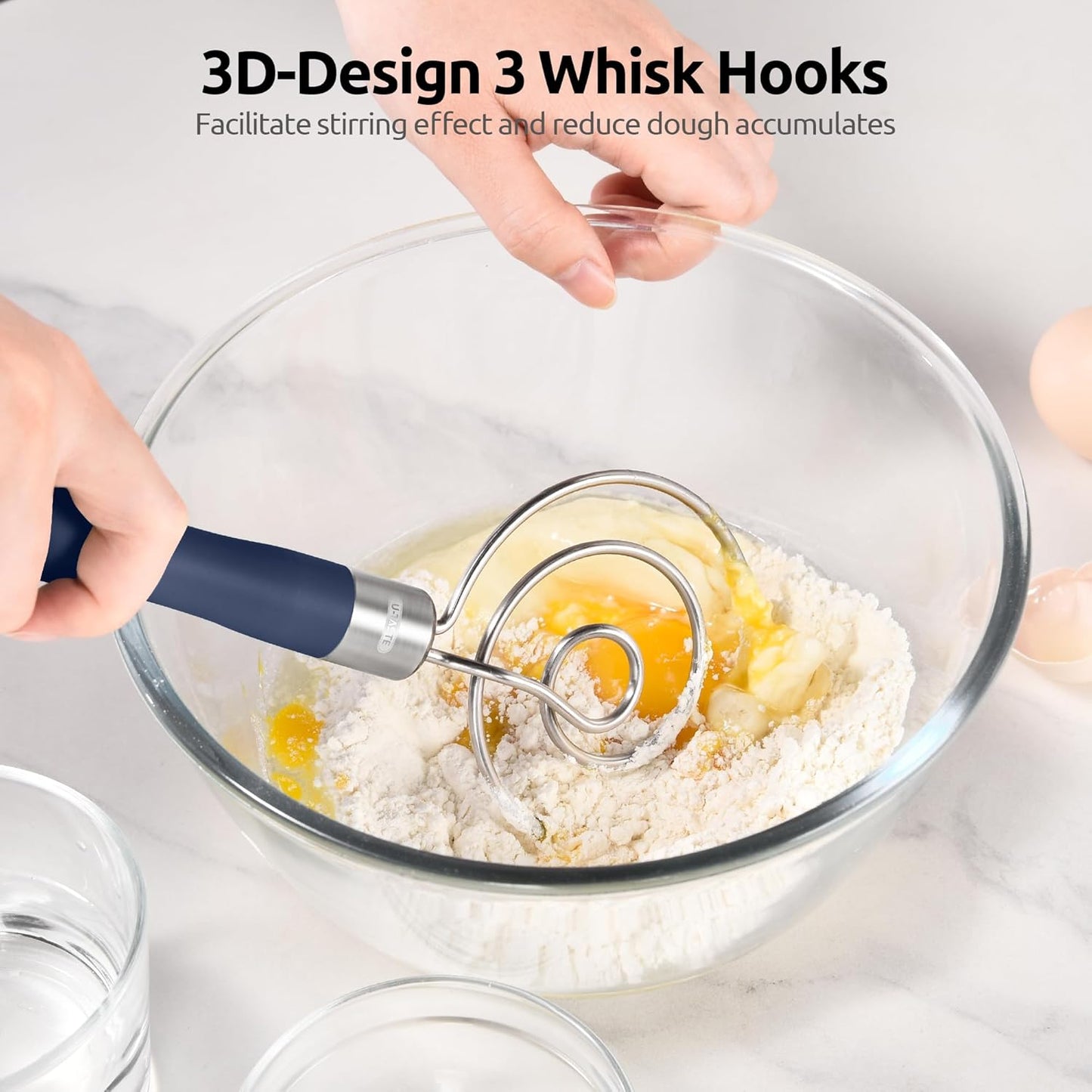 U-Taste 12.6" Danish Dough Whisk: 18/8 Stainless Steel Heavy-Duty Sourdough Mixer Tool, Food Grade Dutch Style Seamless Bread Wisk, Sturdy for Mixing, Stirring, Kneading Thick Batter (Midnight Blue)