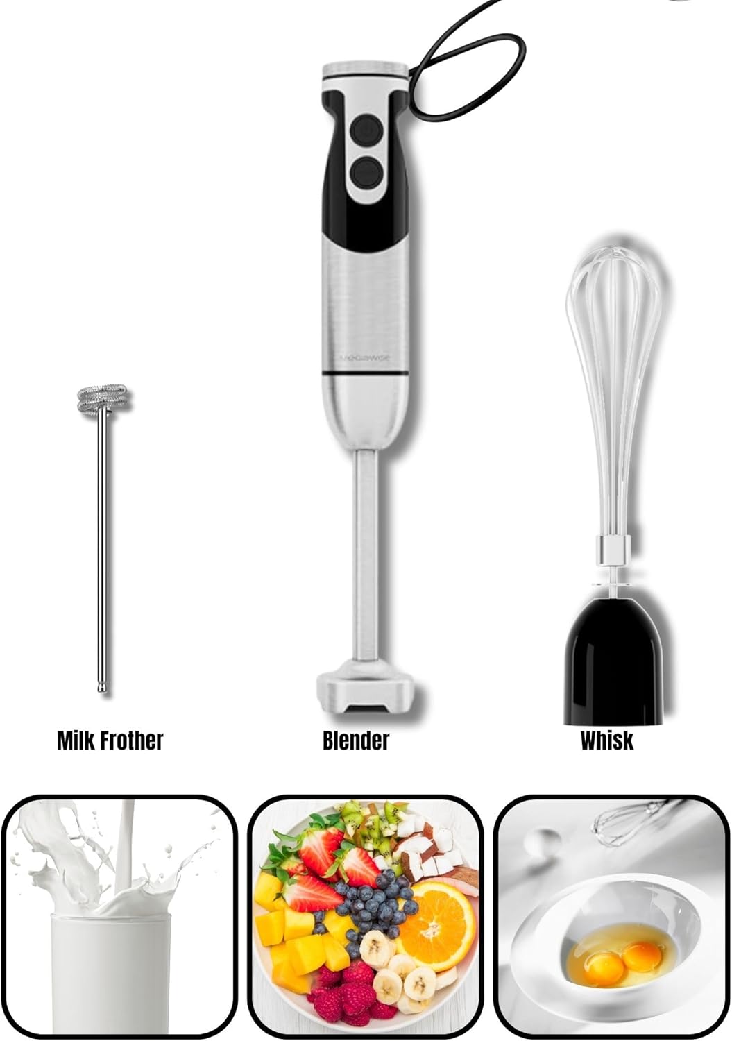 Megawise High-Power Hand Blender – 400W Max Power with Versatile 3-in-1 Attachments (Blending Shaft, Whisk, Chopper); Ergonomic Design with Adjustable Speed Control; Easy to Clean and Maintain (Black)