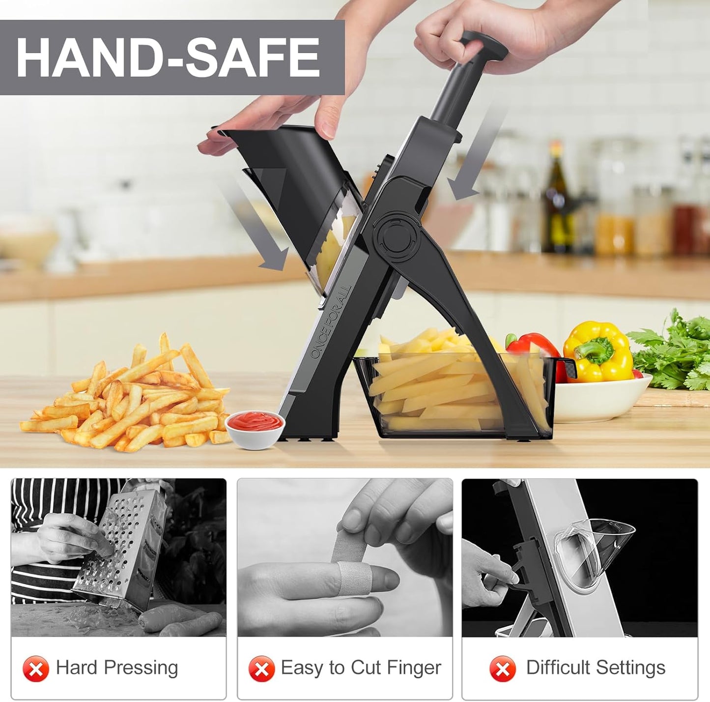 Safe Mandoline Slicer for Kitchen, Meal Prep,Potato Slicer, Adjustable/Easy to Clean/Storage, Kitchen Chopping Artifact,French Fry Cutter,Paring Knife/Cleaning Brush (only Slice, Black Knight)