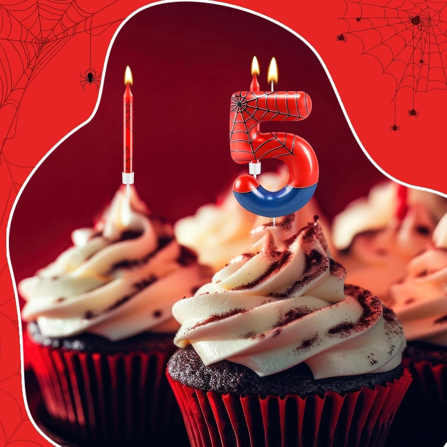 13 Pcs Spider Themed Birthday Candle Set Red Spider Theme Number 5 Candle Cake Topper for Boys Girls Birthday Decoration Spider Party Decoration Supplies (Number 5)