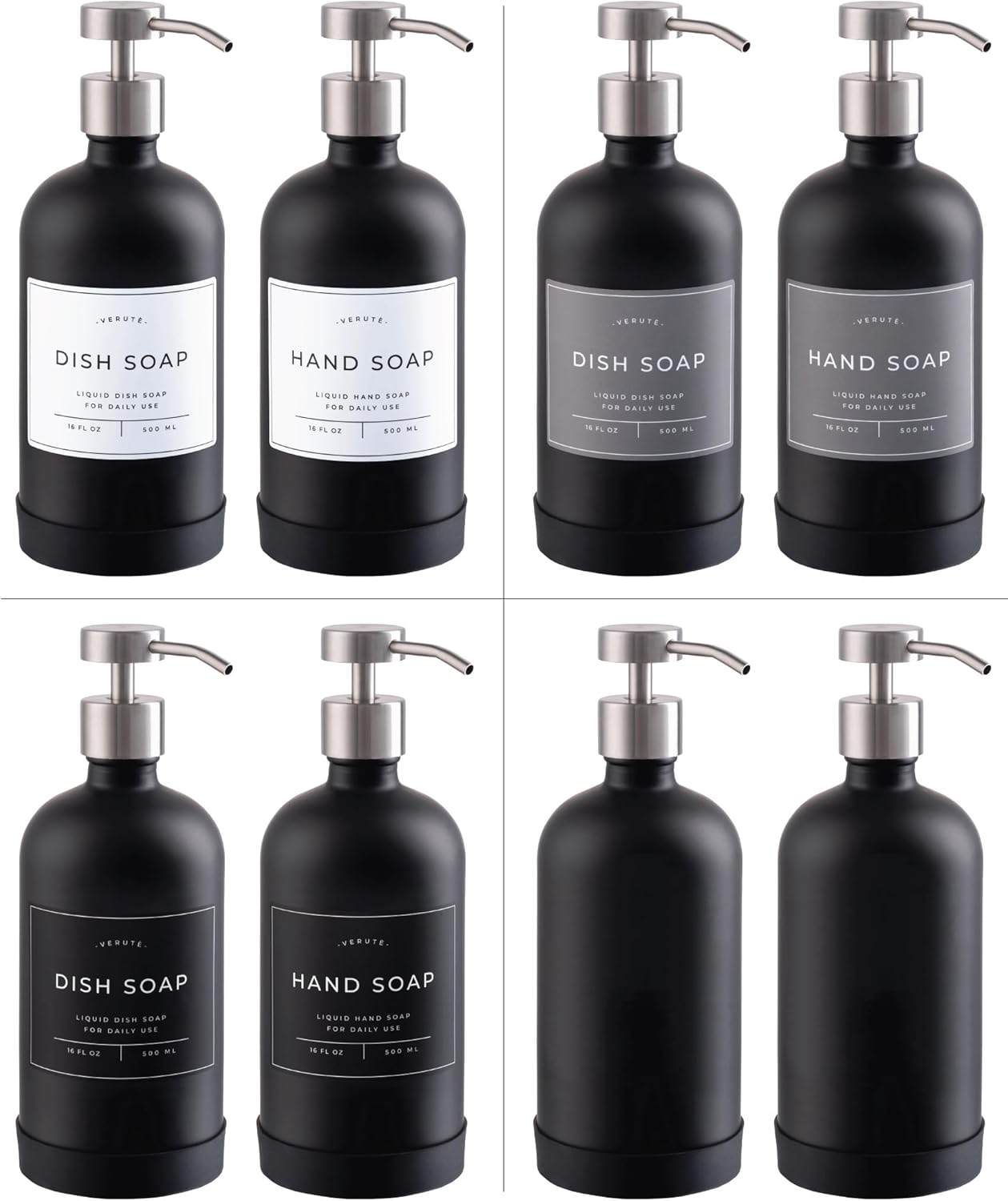 16oz Glass Soap Dispenser with Stainless Steel Pump, 21 Waterproof Labels, Non-Slip Protective Silicone Pad, Set of 2 for Bathroom & Kitchen (Matte Black Bottle/Brushed Silver Pump)