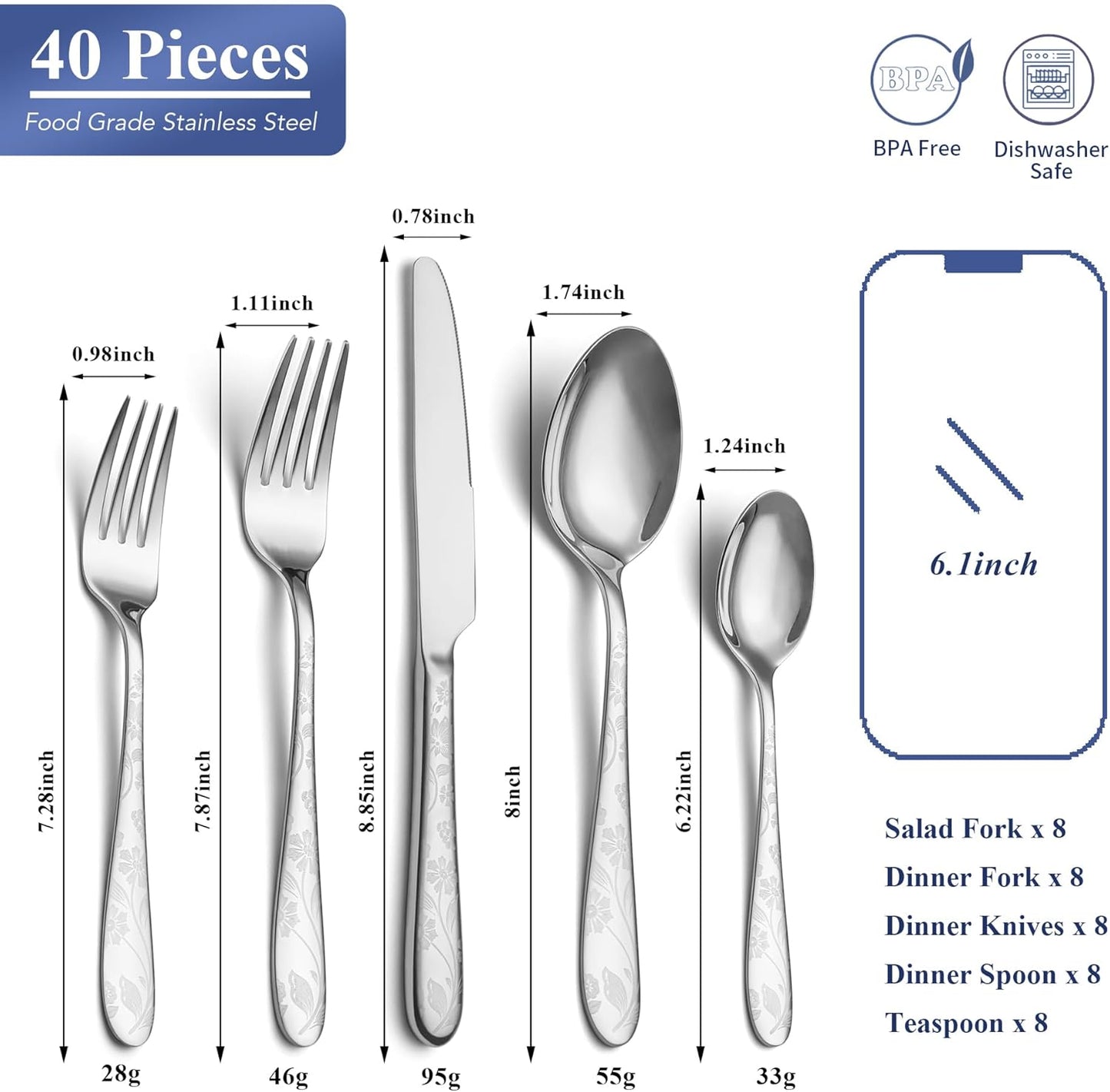 40 Piece Silverware Set Service for 8, EIUBUIE Premium Stainless Steel Cutlery Set, Mirror Polished Flatware Sets with Pattern Handle, Modern Kitchen Eating Utensils Sets Include Spoons Forks Knives