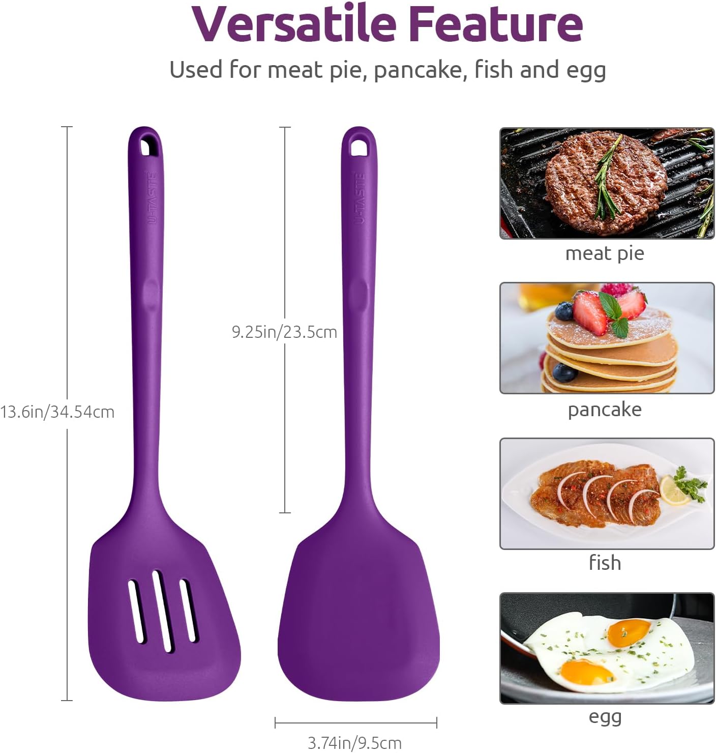 600ºF Heat Resistant Silicone Turners: U-Taste 13.6in Long Solid & Slotted Kitchen Spatula Flipper, Large Flexible Cooking Utensil for Flipping Egg, Pancake in Nonstick Cookware(Purple, 2PCS)