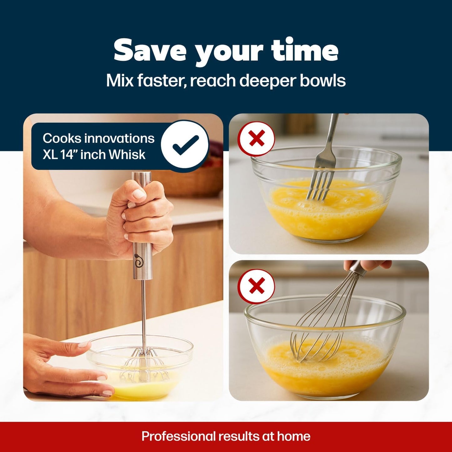 14 Inch Stainless Steel Hand Whisk - Durable & Easy to Use Push-Down Zip Whisker - Rotary Hand Mixer for Beating Eggs, Frothing Milk, Blending, Mixing, Whipping Smoothies & Shakes - Kitchen Tools