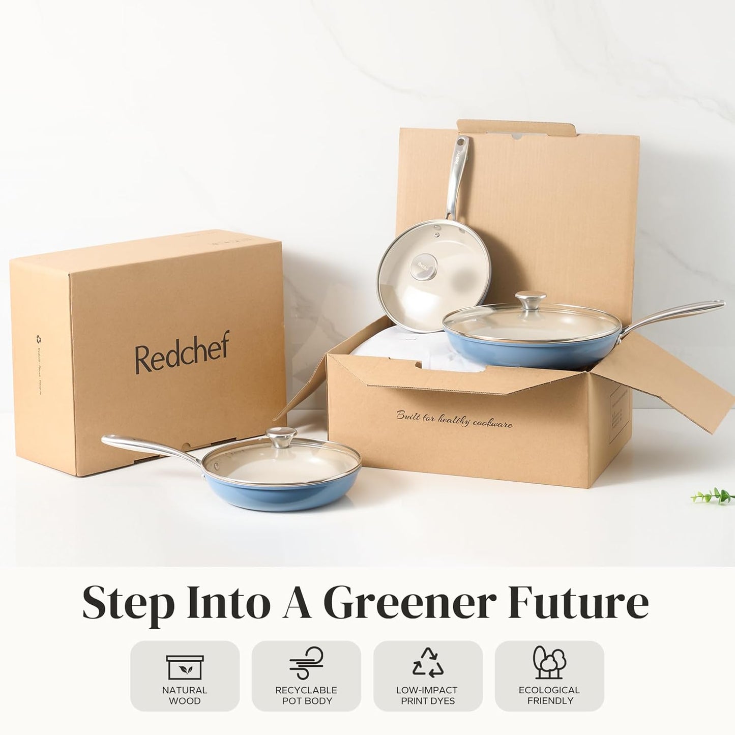 Redchef Nonstick Cookware Sets, Ceramic Frying Pan Set with Tempered Glass Lids, Non Stick Cooking Set, Dishwasher & Oven Safe, Induction Safe, Compatible with All Cooktops, Blue (8", 9.5", 11")