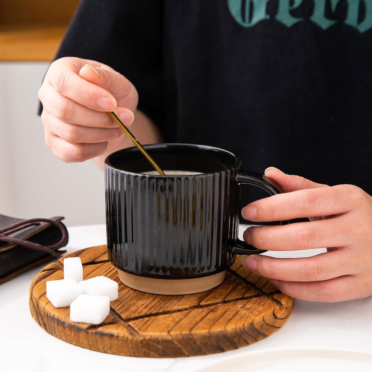 GBHOME 6OZ Stackable Coffee Mugs, Ceramic Coffee Mugs with Texture Patterns for Man,Woman,Dad,Mom, Modern Coffee Cups Set of 4 for Espresso/Cappuccino/Cocoa. Dishwasher&Microwave Safe, Black