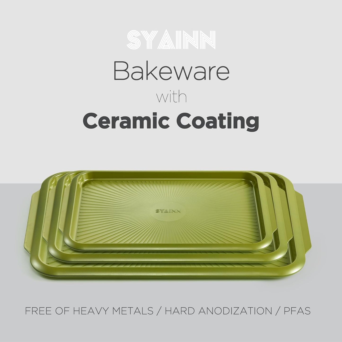 SYAINN Non-stick Ceramic Baking Sheet Set, 3 Pieces- Aluminum Steel Cookie Sheets for Baking-Includes Half/Quarter/Jelly Roll Pans-Warp Resistant, Toxic, PTFE & PFOA Free-Grenoble Green