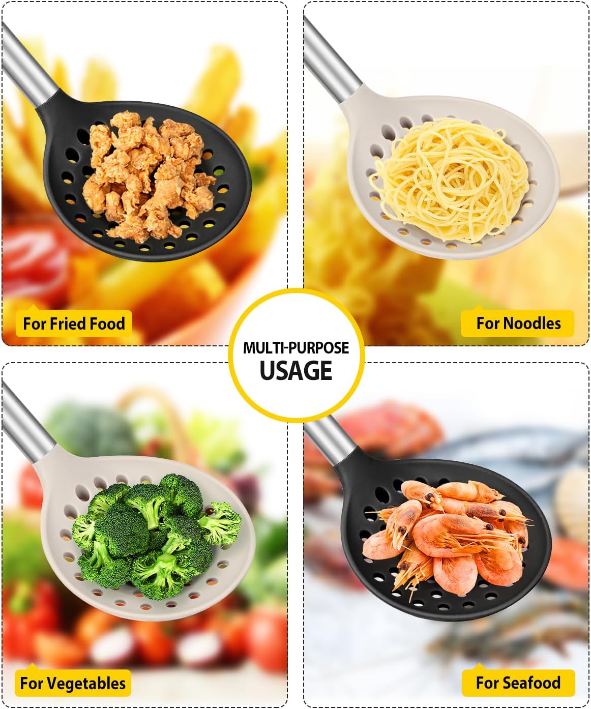 Kitchen Ladle Strainer Set of 2 Large Slotted Spoon with High Heat Resistant BPA Free Non Stick Cooking Skimmers For Draining and Frying (Black-Khaki)