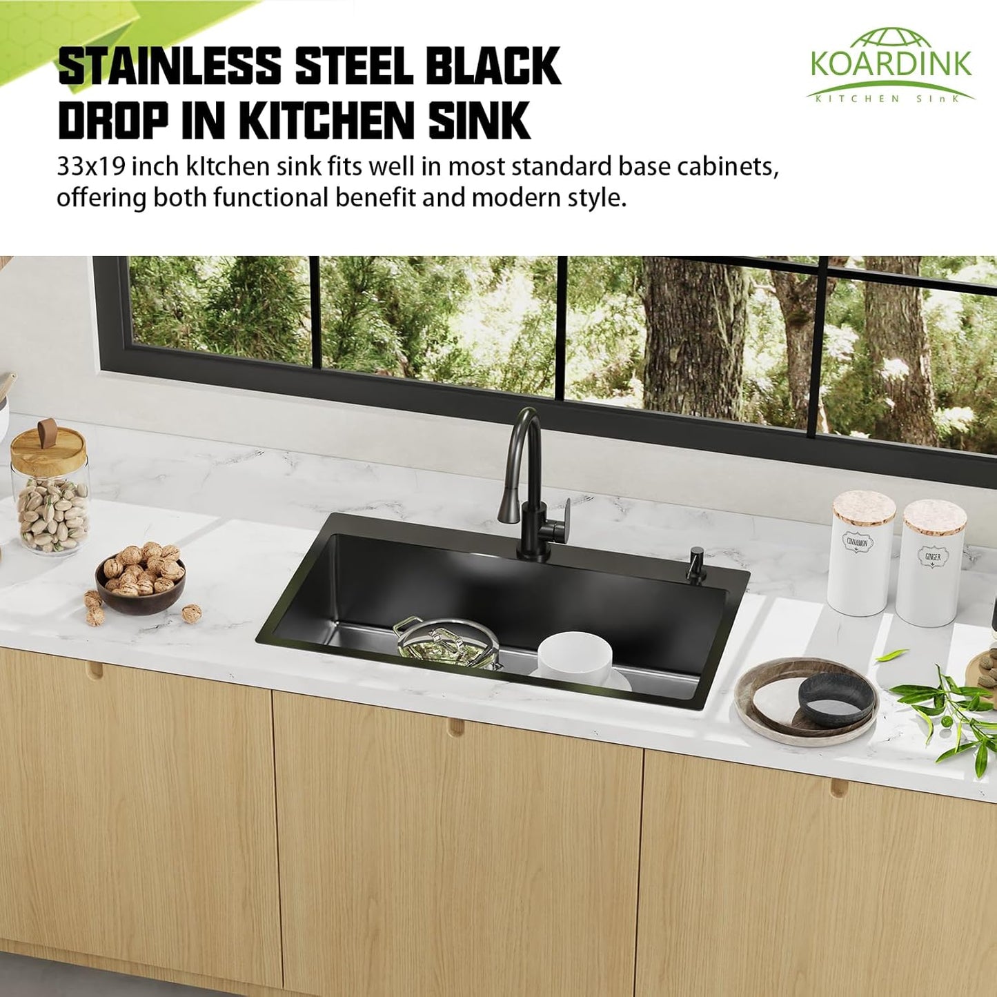 Black 33x19 In Drop In Kitchen Sink-Stainless Steel Topmount Modern Single Bowl Kitchen Sink Come With Silicon Mat,Drain Strainer Set Offer Large Basin And Compatibility With Various Kitchen&Bar Style