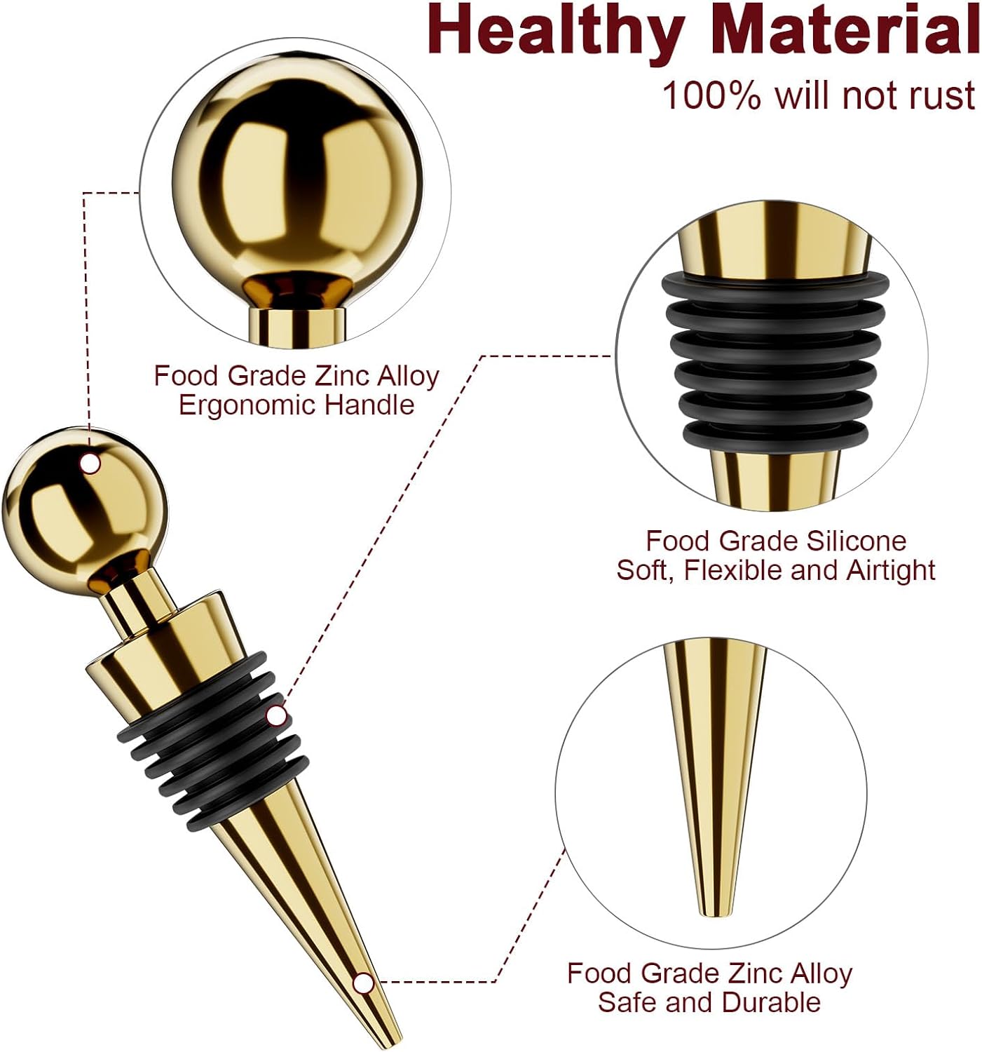 Wine Stoppers for Wine Bottles 3Pcs Vacuum Wine Bottle Stopper with Silicone Reusable Wine Corks, Leak proof Keep Fresh Suitable for Standard (Gold, 3 Pack)