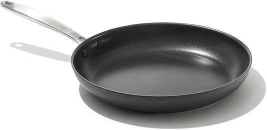 OXO Enhanced 12" Frying Pan Skillet, PFAS-Free Ceramic Nonstick, Durable Hard Anodized Cookware, Scratch Resistant, Stainless Steel Handle, Good Grips, Dishwasher & Oven safe, Black
