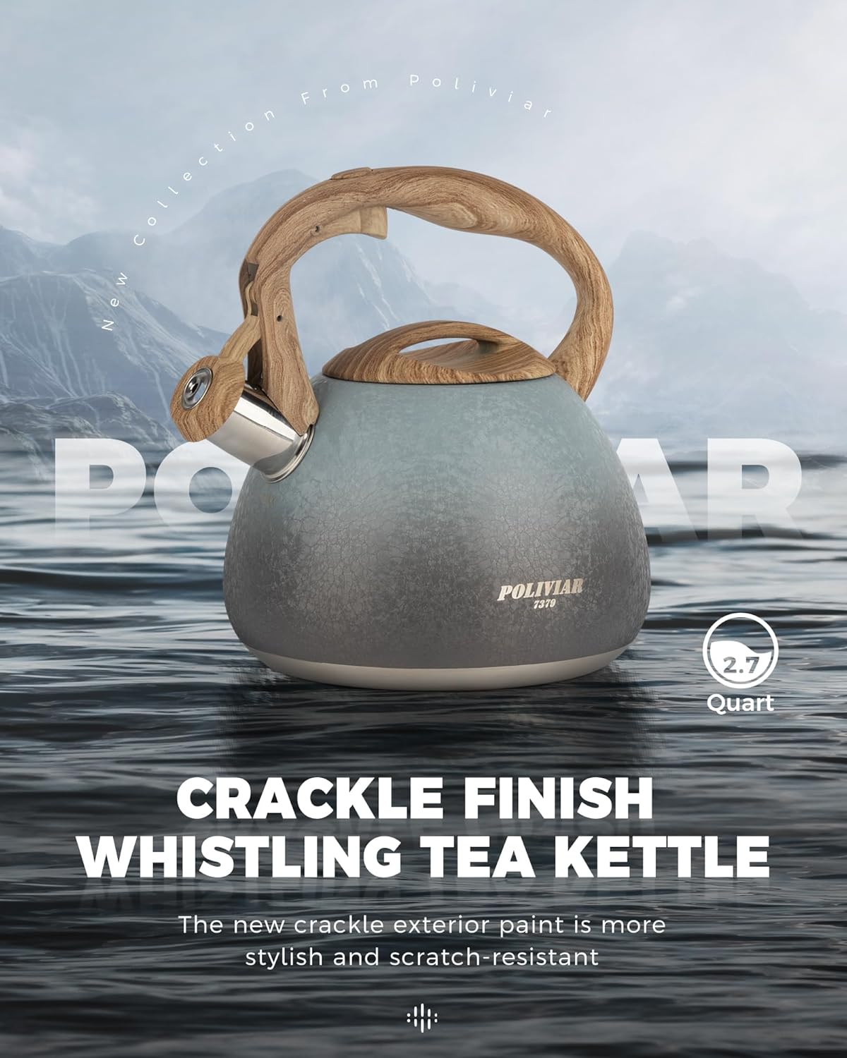 POLIVIAR Tea Kettle, 2.7 Quart Stovetop Tea Kettle, Audible Whistling Teapot with Crackle Finish, Food Grade Stainless Steel for Anti-Rust, Anti Hot Handle, Suitable for All Heat Sources (JX2023-LYL)