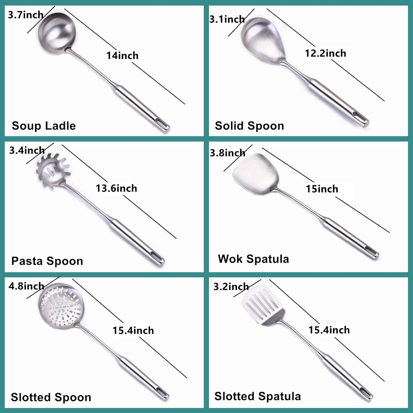 Cooking Utensils Set Stainless Steel Kitchen Metal Serving Utensils Set of 6 Pcs-Wok Spatula Ladle Set, Slotted Skimmer, Pasta Server, Serving Spoon, Slotted Spatula Tunner,Dishwasher Safe