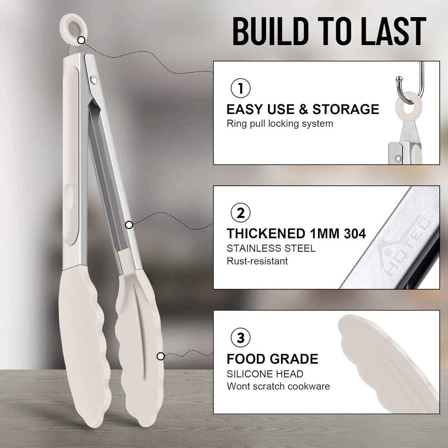 Hotec Silicone Kitchen Tongs for Cooking 9-Inch Serving Tongs with Silicone Tips, Set of 3 (Black Grey Khaki)