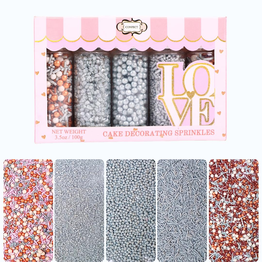 Confect Edible Cake Sprinkles Mix – Silver, Bronze & White Pearls, Silver Jimmies, Sparkling Sugar – Dessert Toppings for Cakes, Cupcakes, Cookies & Baking Decoration | Vegan, Gluten-Free, Nut-Free, Soy-Free, Dairy-Free, Palm Oil-Free- 5 Oz