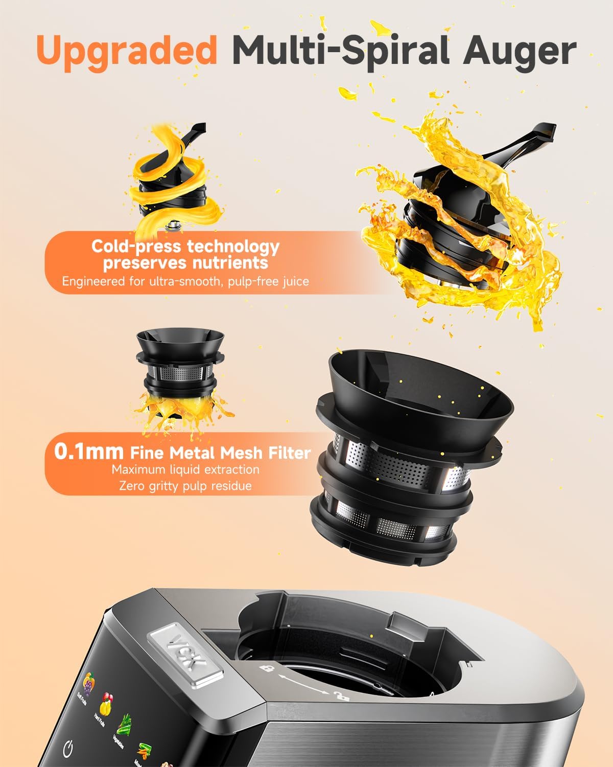 VCK Cold Press Juicer - Large 5.12" Feed Chute, Easy to Clean, Slow Masticating for Nutrient Retention, Quiet 250W Motor, High Juice Yield, Leakproof - Fruits, Vegetables & Leafy Greens