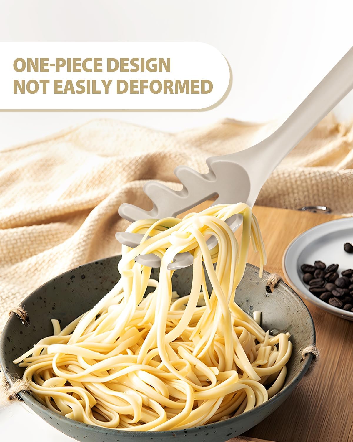 Silicone Pasta Fork and Ladle Spoon Set, Large Non Stick Kitchen Utensils for Cooking,Stirring,One Piece Serving Spaghetti, Soup, Sauce (KHAKI)