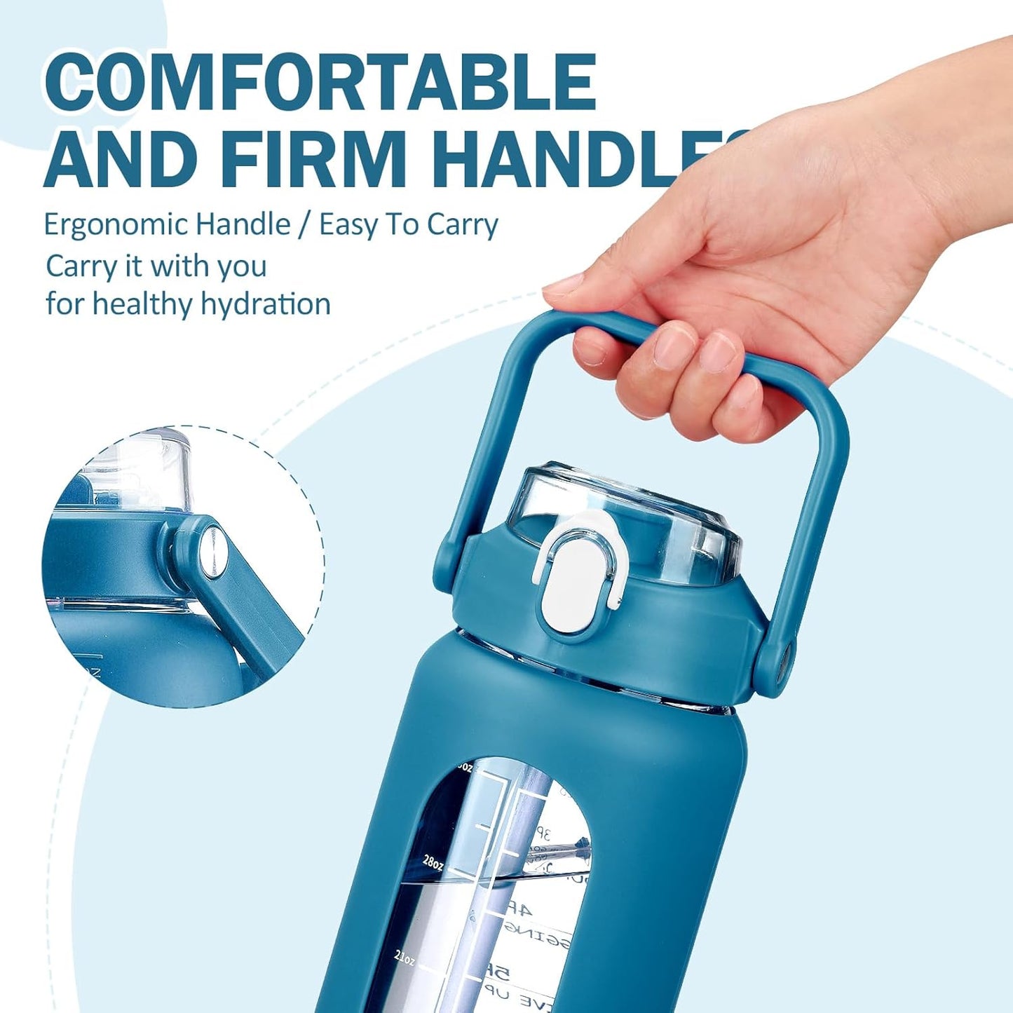 kytffu 42oz Glass Water Bottles with Straw, Motivational Glass Bottle with Silicone Sleeve and Time Marker, Leakproof Large Glass Water Jug for Gym Home Office,Iron Blue