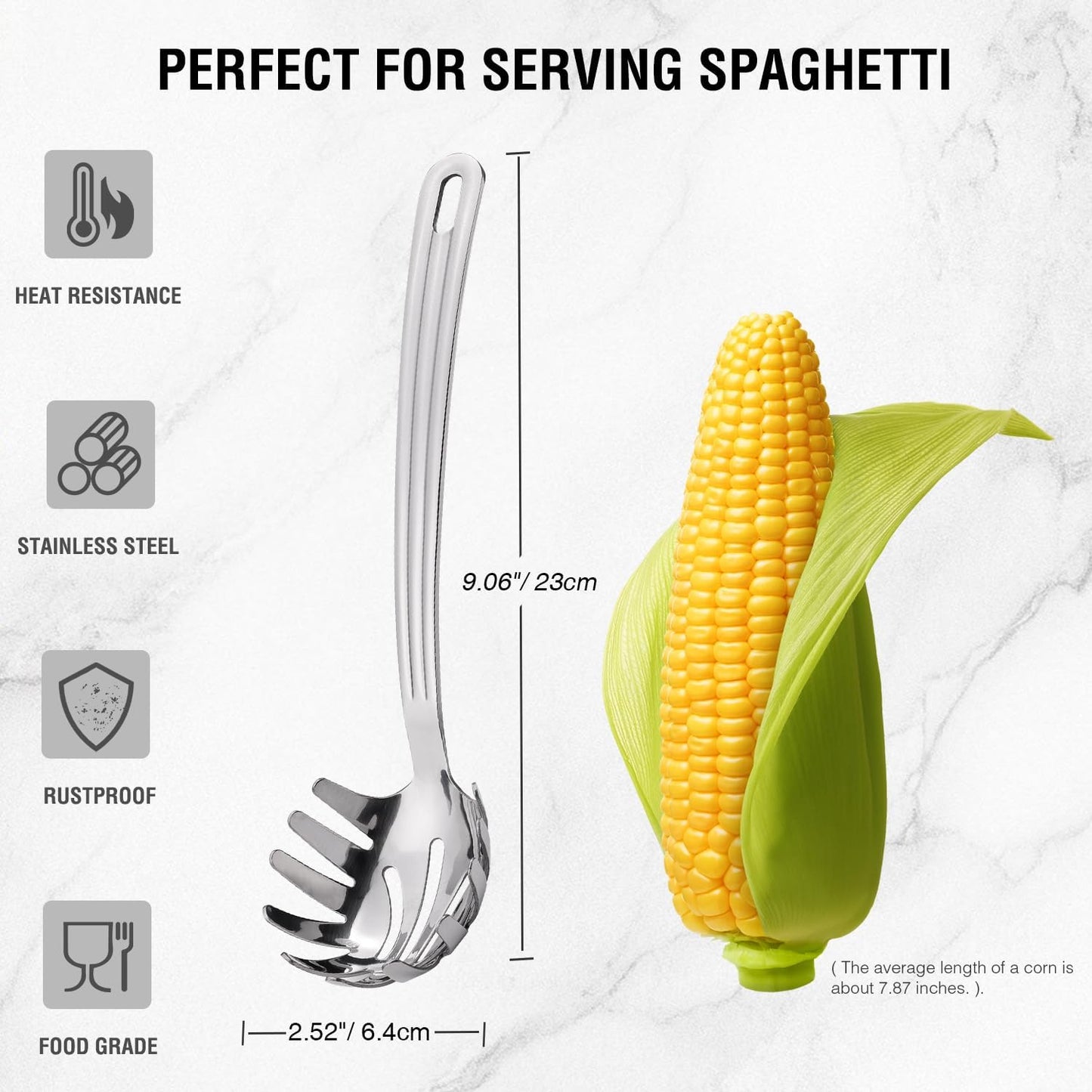 Stainless Steel 9.06 inch Spaghetti Server Spoon with Teeth - Pasta Fork Pasta Server Noodle Spoon Heavy Duty Cooking Utensils Classic Dishwasher Safe