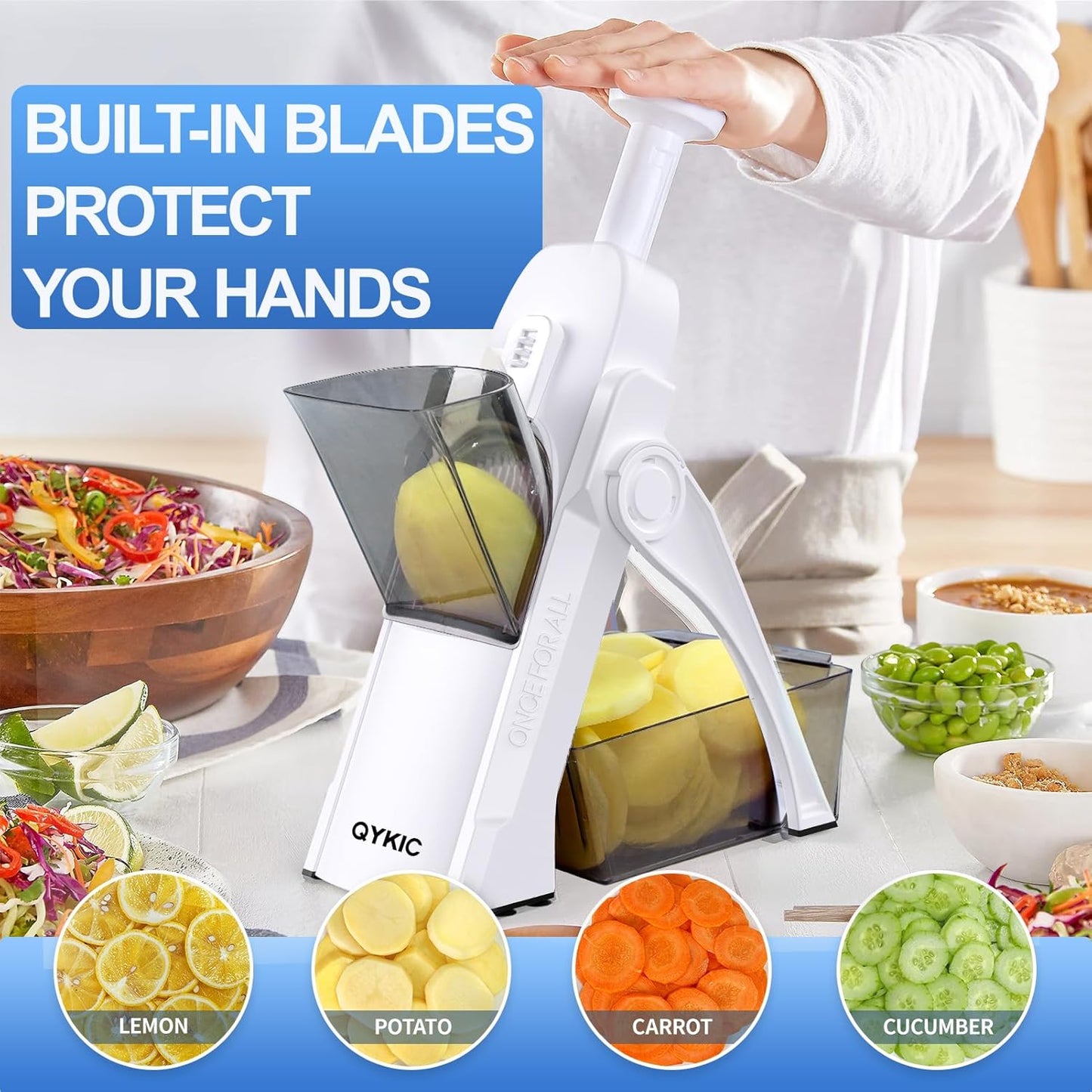 Safe Mandoline Slicer, Potato Clips Slicer,Vegetable Food Slicer,Thickness Adjustable for Cucumber Onion Carrot Lemon (Only Slicer White)