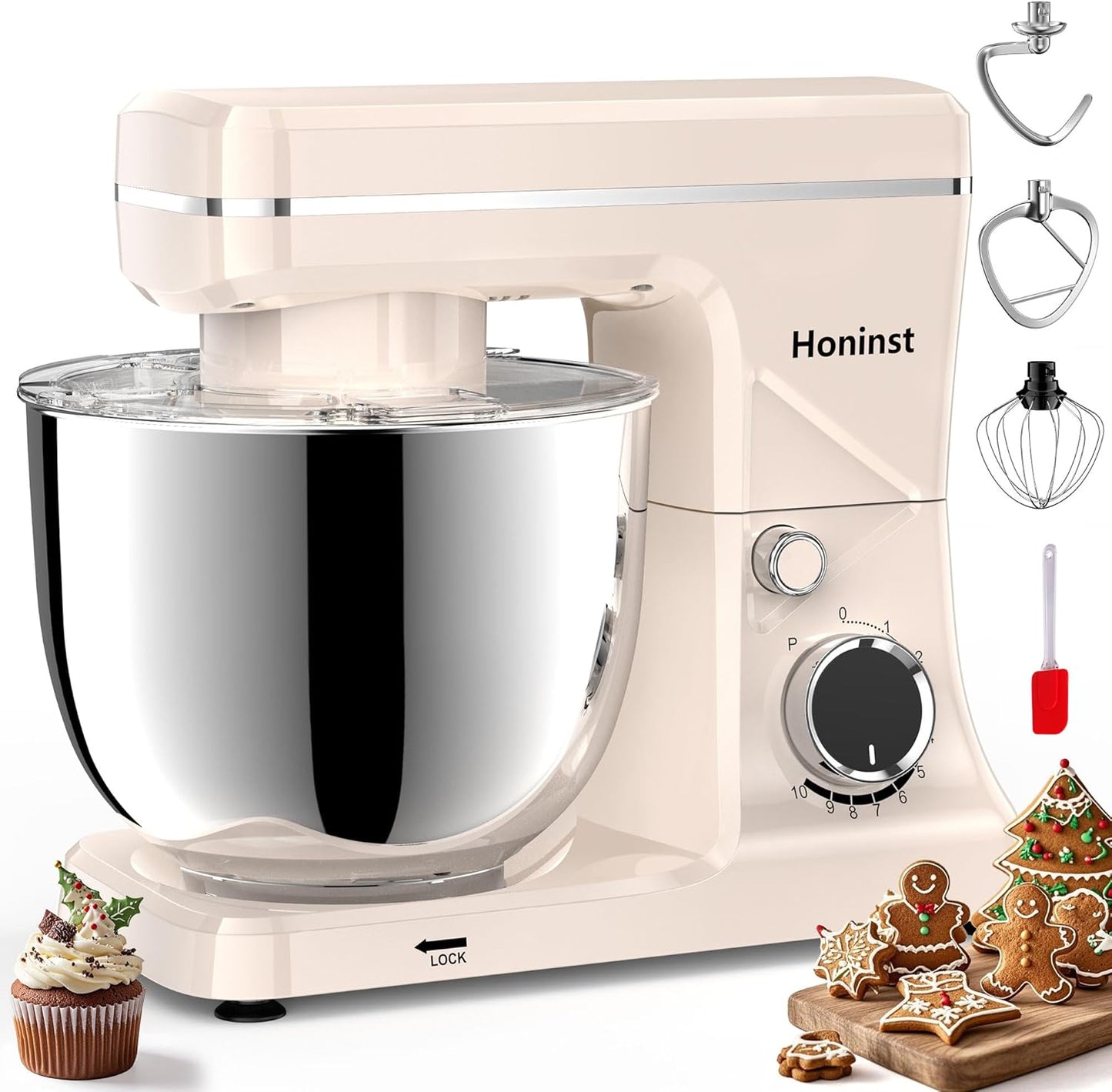 10-Speed Stand Mixer with 8-in-1 Splash Guard, Tilt-Head, 6QT Stainless Steel Bowl + Dishwasher-Safe Dough Hook/Whisk/Beater/Spatula for Baking Bread, Cakes, Cookies, Beige
