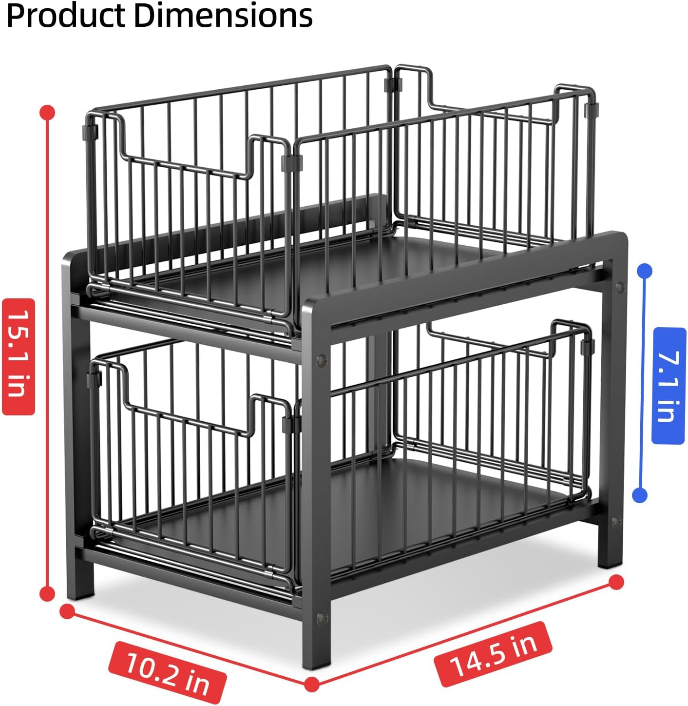 2 Tier Sliding Basket Drawer Organizer, Lxmons Pull Out Under Sink Cabinets Organizers, Metal Home Shelf for Bathroom or Kitchen, Sliding Countertop or Pantry Storage Shelf, Large Black