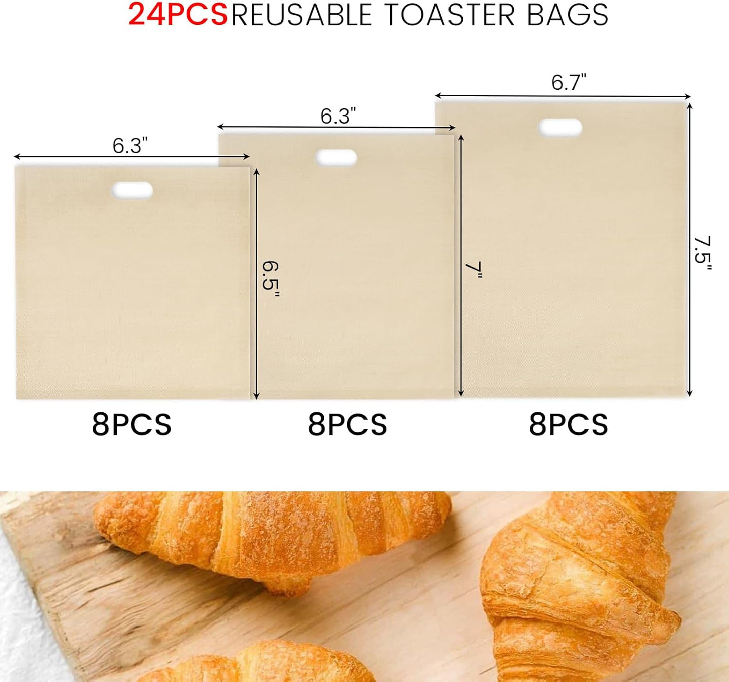 VGOODALL 24 Pack Reusable Toaster Bags, 3 Sizes Grilled Cheese Bags Non Stick Heat Resistant Easy to Clean for Toast Panini Cheese Sandwiches