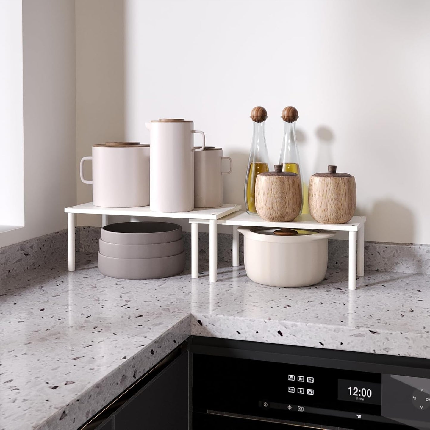 Cabinet Organizer Shelf(Set of 2),Kitchen Counter Shelves,Bamboo Spice Rack Countertop and Cabinet,Stackable Expandable,Large(White)