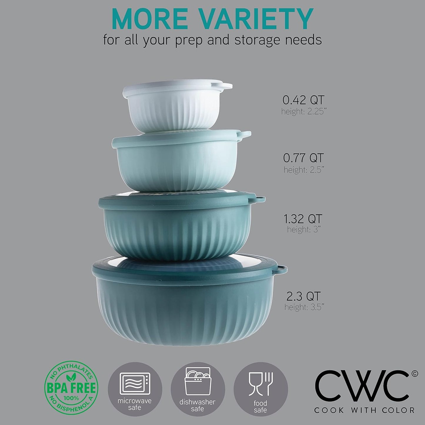 COOK WITH COLOR Prep Bowls with Lids- Wide and Deep Nesting Plastic Small Mixing Bowl Set with Lids, 8 Piece Set - Wide Bowls, Teal