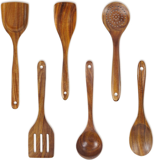 FJNATINH 6 PCS Teak Wooden Cooking Kitchen Utensils Set, Large Wooden Spoons for Cooking Mixing Baking, Non-stick Kitchen Utensils Set Gifts for Women Housewarming Gifts