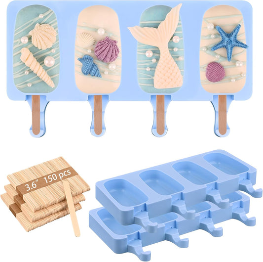 Sakolla Silicone Popsicle Molds Set of 3, Large Oval 4 Cavities Homemade Ice Pop Molds with 150 Wooden Sticks for Ice Cream, Cakesicles, Cake Pop (Blue)