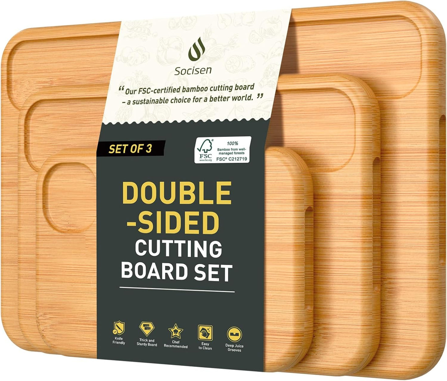 3 Packs Bamboo Cutting Board Set Non Toxic Wood Cutting Boards for Kitchen with Juice Grooves Built-in Handles, Ideal Charcuterie & Chopping for Meat Vegetables Fruits Kitchen Gift for Home Cooks