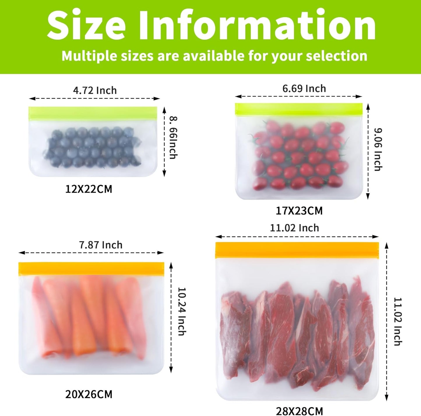 24 Pack Reusable Bags, Dishwasher Safe Silicone Food Storage Bag, 4 Sizes Leakproof Reusable Freezer Bags for Marinate Meats, Cereal, Vegetables, Home.