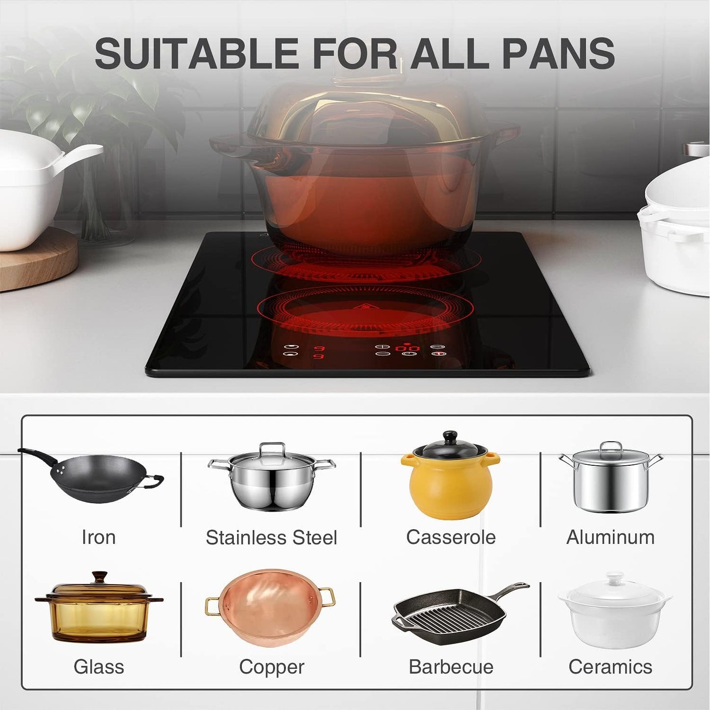 Portable Electric Hot Plate, 2 Burner Cooktop 110V/120V Plug-in, Infrared Stove Top for Cooking, LED Touch Control, Timer & Safety Lock for RV, Dorm, Apartment (Electric Cooktop 2 Burners)