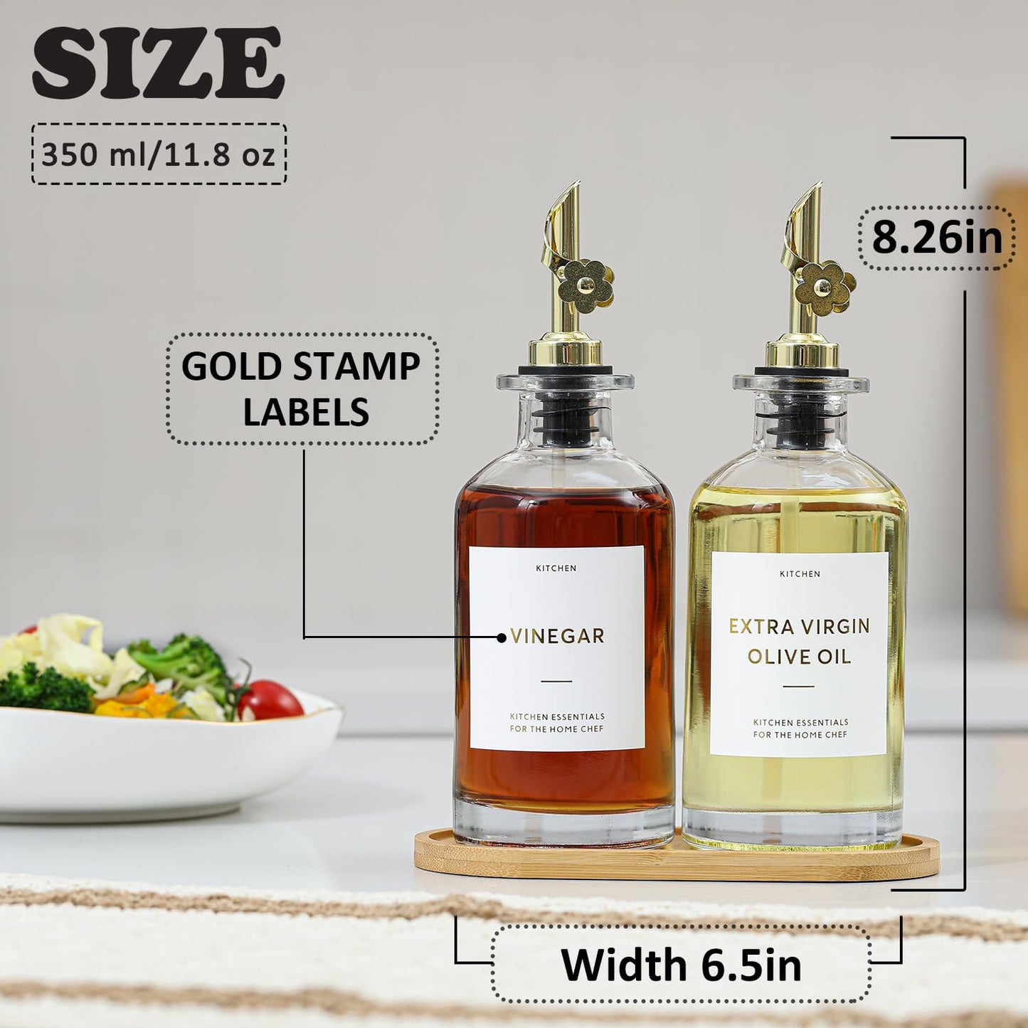 HOMCDALY Olive Oil Dispenser for Kitchen, 11.8oz Glass Dispenser Bottles with Pourer for Kitchen, Oil and Vinegar Dispensers Set, Leakproof Oil Bottle for Cooking| Set of 2 (11.8oz)