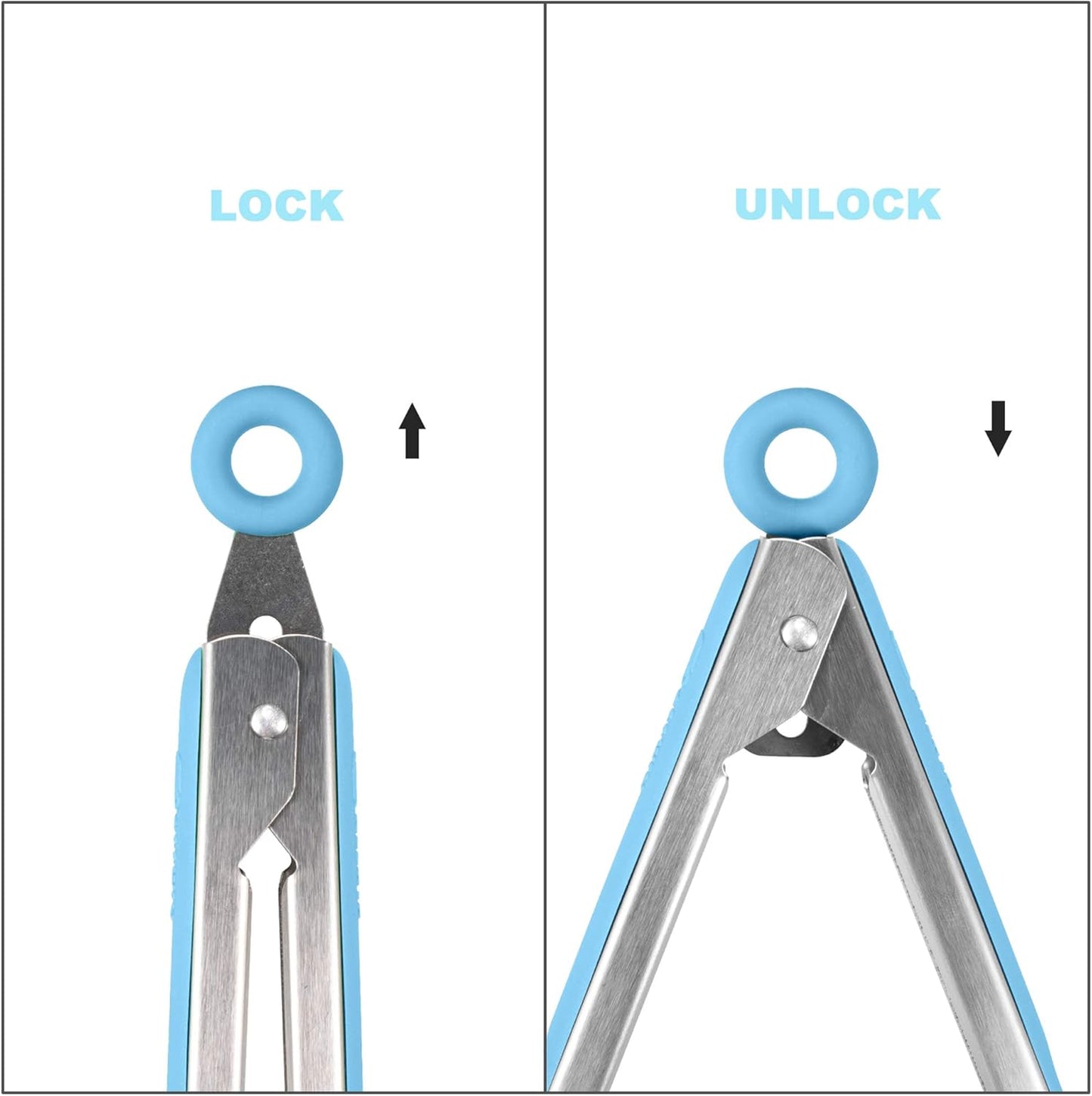 ALLWIN-HOUSEWARE W 304 Stainless Steel Kitchen Cooking Tongs, 9" and 12" Set of 2 Sturdy Grilling Barbeque Brushed Locking Food Tongs with Ergonomic Grip, Blue