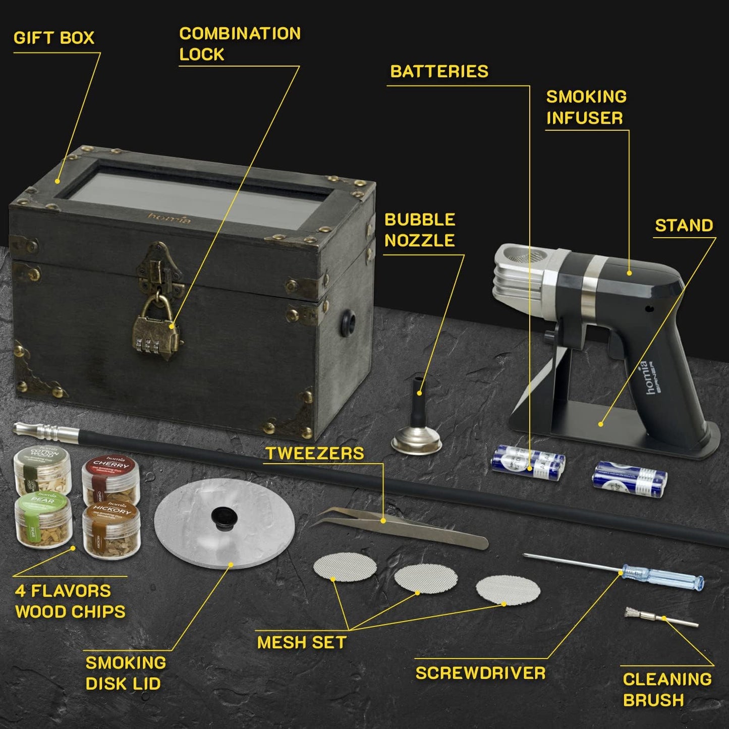 Cocktail Smoker Kit - Whiskey Smoker Kit - Smoke Infuser Birner PRO - Smoking Box, 12 PCS, with Accessories and Wood Chips - Cold Smoke for Food and Drinks, Black - Gift for Men