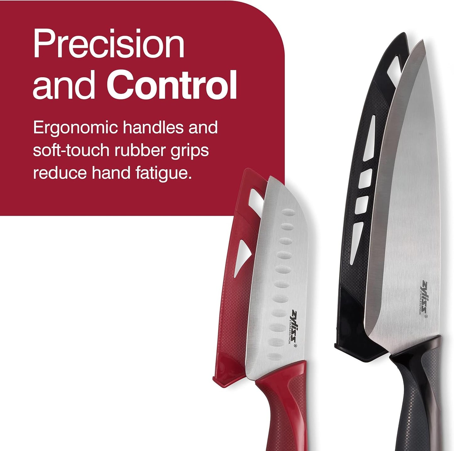 Zyliss Utility Kitchen Knives with Sheath Covers - Dishwasher Safe - Stainless Steel Kitchen Knives Perfect for Cutting Meat, Vegetables & Fruit - 2 Piece Santoku & Chef Set