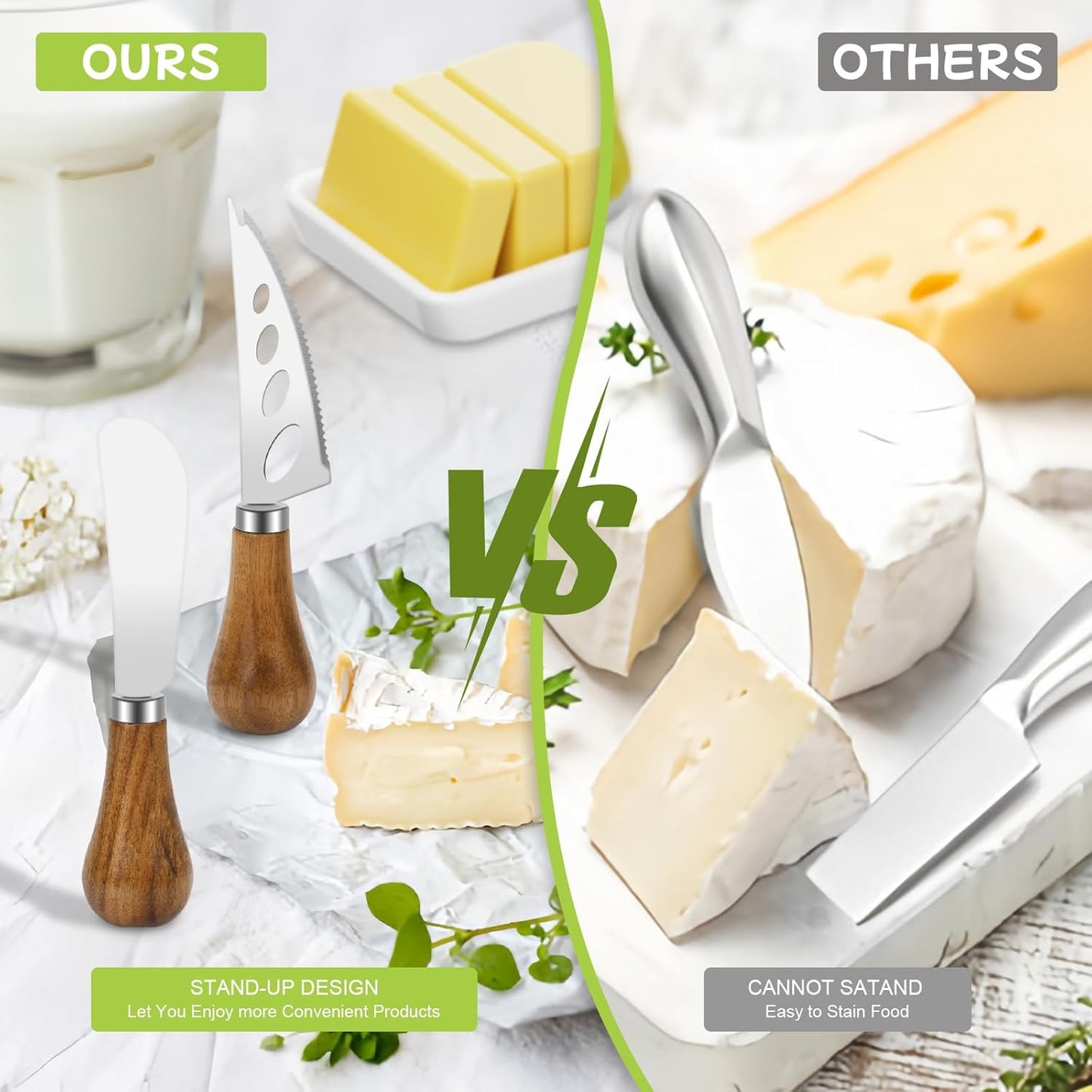 7-Piece Cheese Knife Set, Premium Stainless Steel Cheese Knives with Acacia Wood Handle and Cheese Slicer, Cheese Spreading Knife for Charcuterie Boards and Cutlery Gift Set