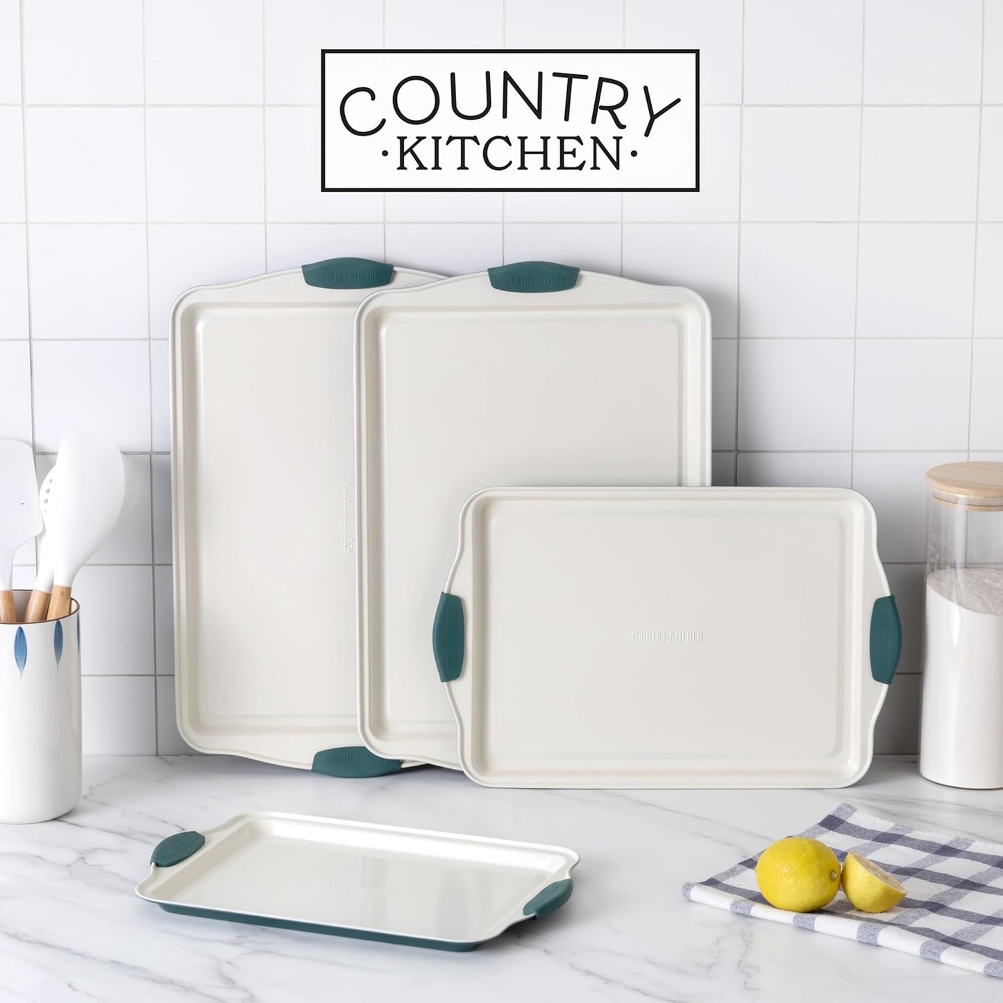 Country Kitchen Nonstick Stackable Bakeware Set - Heavy Duty, Durable, Easy Release Baking Set, Sage, 4 Pcs