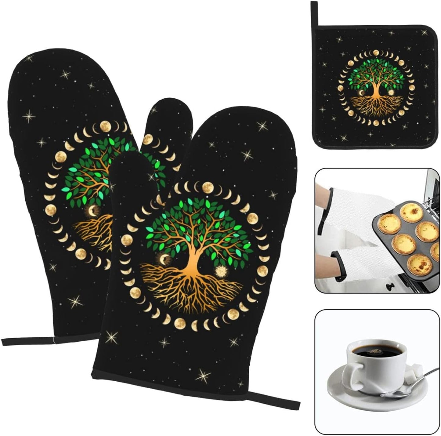 Black Oven Mitts and Pot Holders Sets of 3 Heat Resistant Hot Pads Ancient Life Tree Decorative Oven Gloves for Cooking Grilling Baking Kitchen Moon Luna Hippy Decor