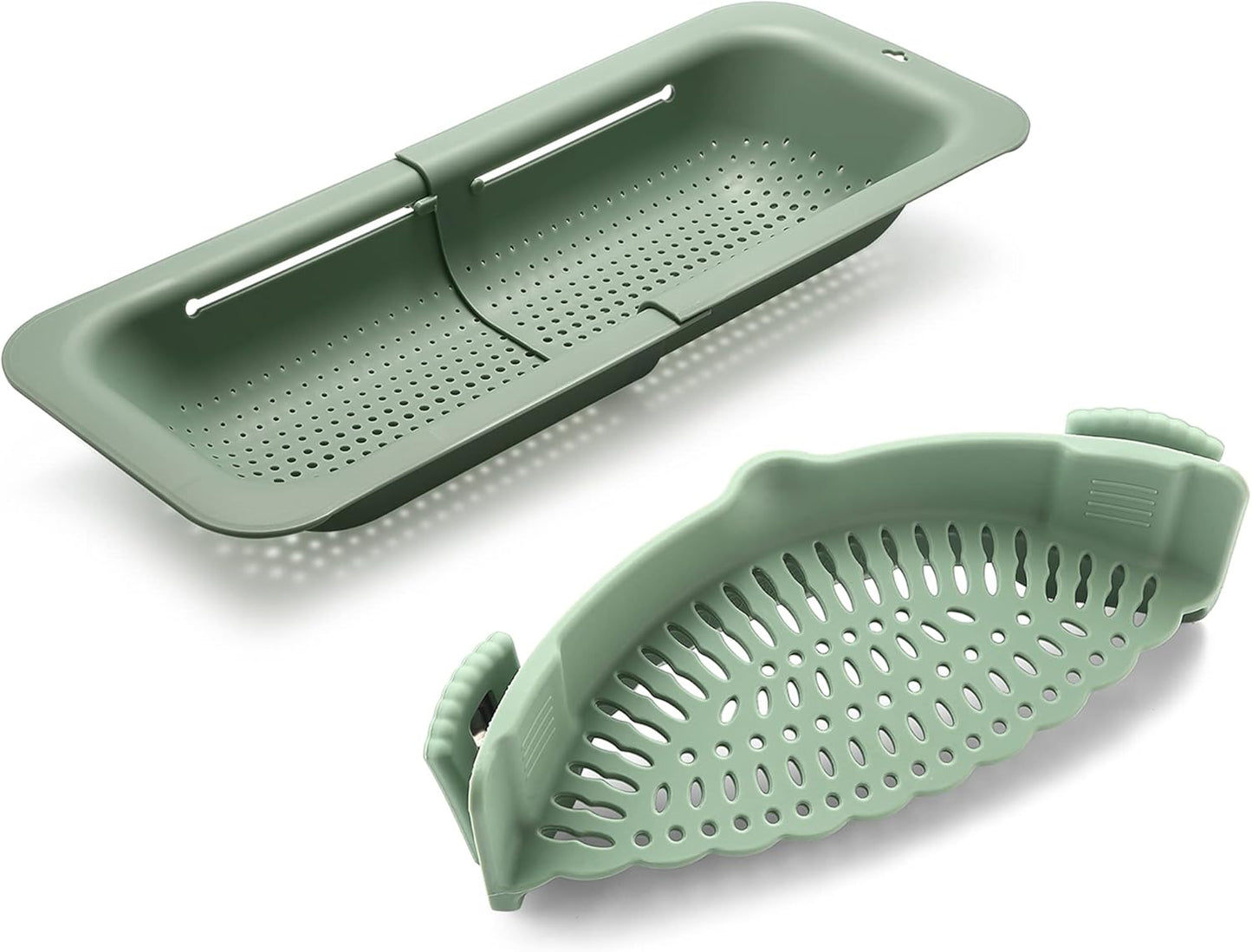 Adjustable Over the Sink Colander Strainer, Silicone Clip On Strainer for Pots Strainers and Plastic Colanders Drainer Basket for Food Pasta Vegetables Kitchen, Extendable 14.5"-19.5", Green