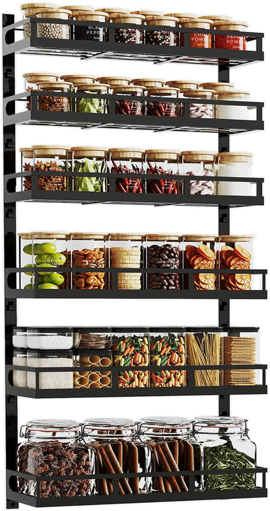 X-cosrack 6-Tier Wall-Mounted Spice Rack Organizer with Mixed Basket Sizes, Height-Adjustable Hanging Spice Shelf for Kitchen Pantry Cabinet, Large-Capacity Seasoning Holder, Black