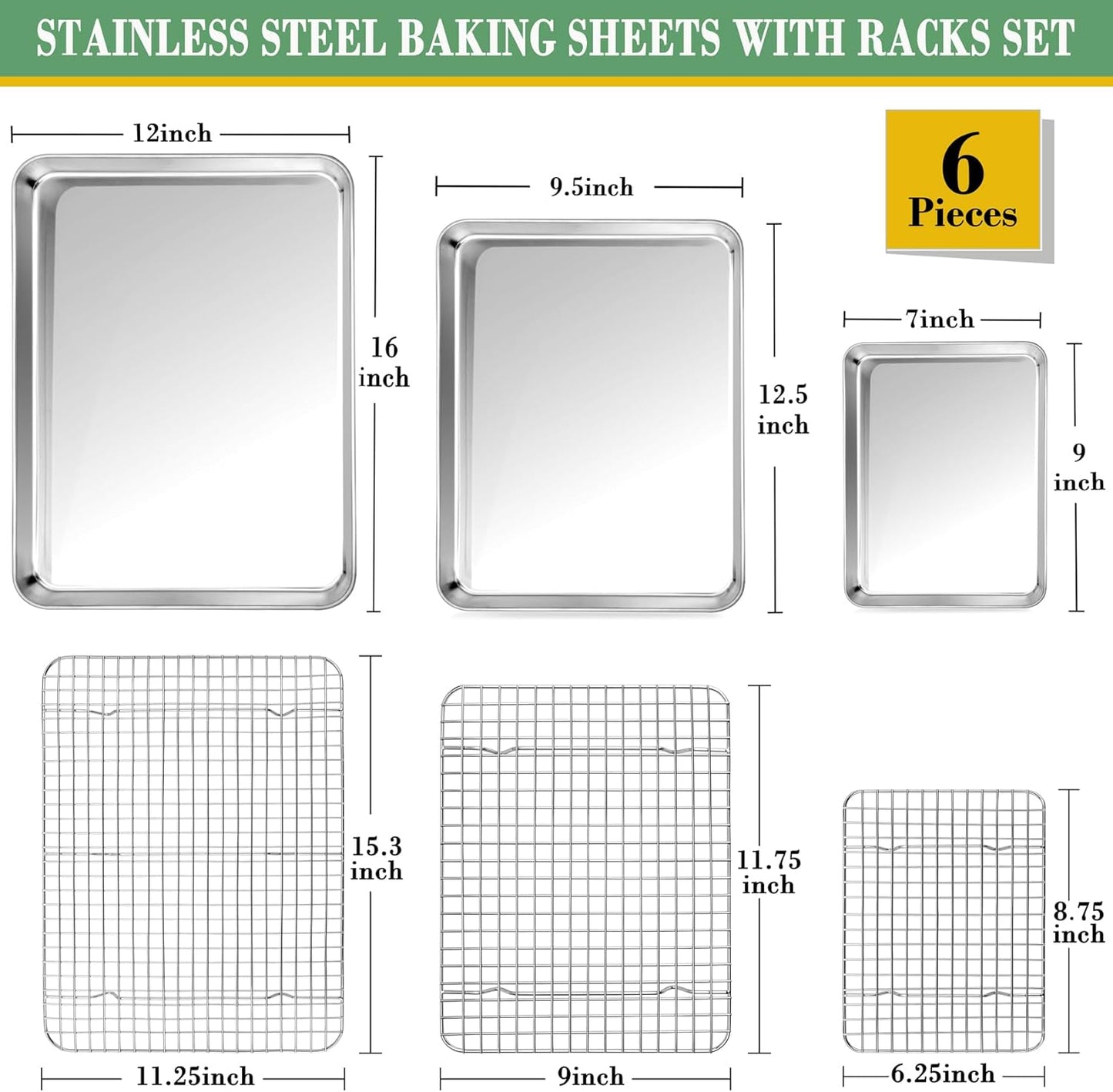 TeamFar Baking Sheet with Rack Set (3 Pans + 3 Racks), Stainless Steel Baking Pan Cookie Sheet with Cooling Rack, Non Toxic & Heavy Duty, Easy Clean & Dishwasher Safe