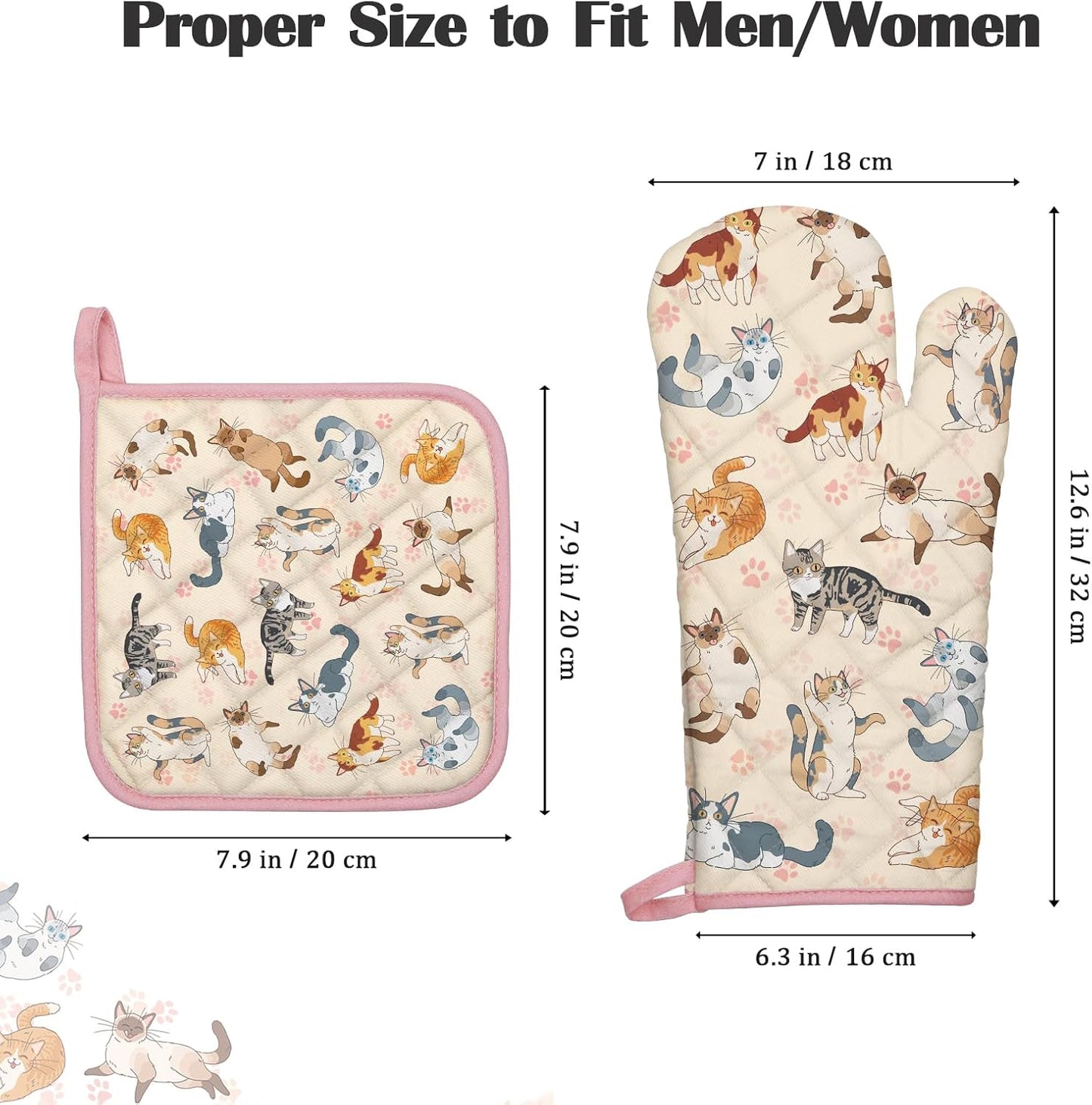 Cat Oven Mitts and Pot Holders Sets 4Pcs, 100% Cotton Heat Resistant, Extra Long Oven Gloves Potholder for Kitchen Cooking Baking Housewarming