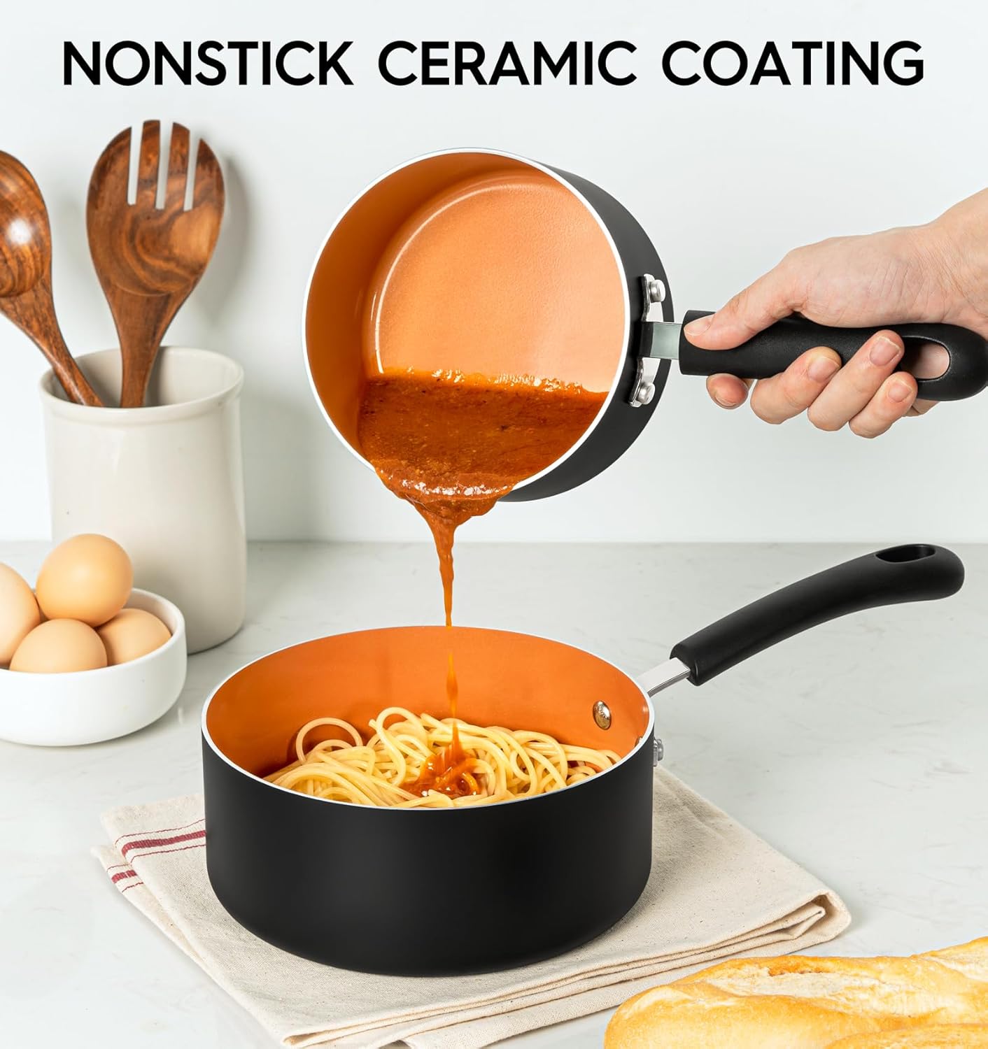 MICHELANGELO Nonstick Sauce Pan with Lid 1QT, 2QT & 3QT, Ceramic Saucepan Set, Copper Sauce pans, Non-Toxic Saucepan, Multipurpose Cooking Pots Set For Home Kitchen, Compatible induction