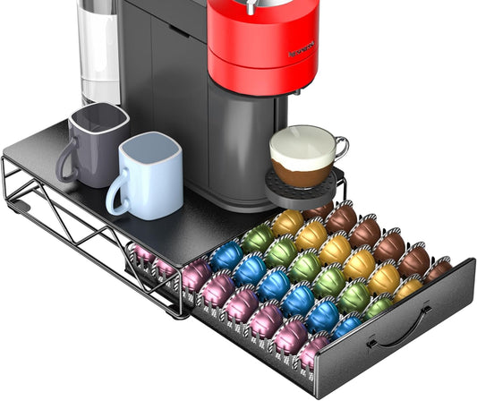 HFHOME Coffee Pod Holder Drawer Compatible with Nespresso - 40 Large or 60 Small VertuoLine Pods - Black Metal Coffee Capsule Storage Organizer for Vertuo - Coffee Capsule Holder for Kcup Home Kitchen