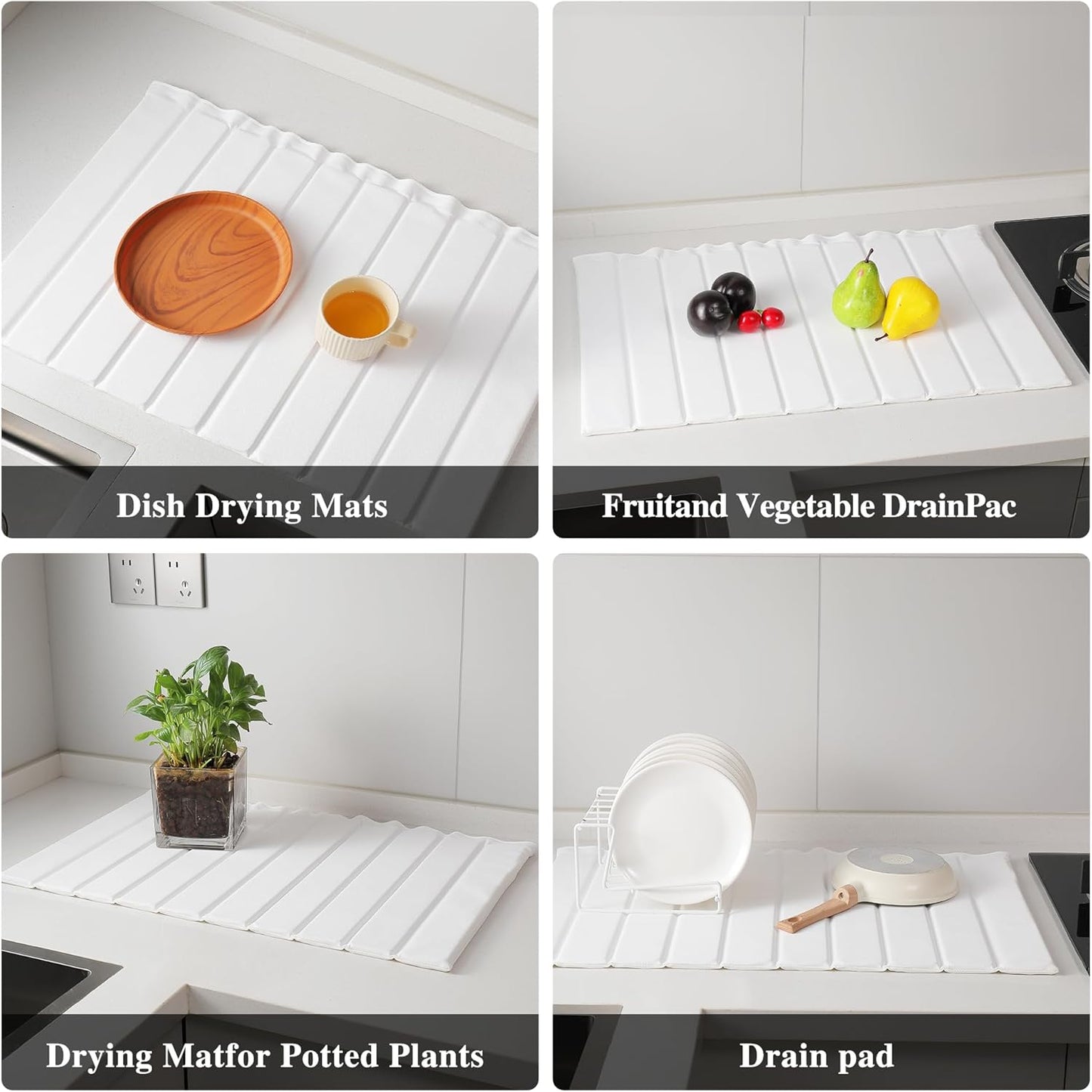 Stone Drying Mat for Kitchen Counter, Collapsible Diatomaceous Earth Dish Drying Mats, Supe Absorbent Quick Dry Stone Mat Kitchen，PU Leather Surface Removable and washable (White, 23.6”x15.4”)